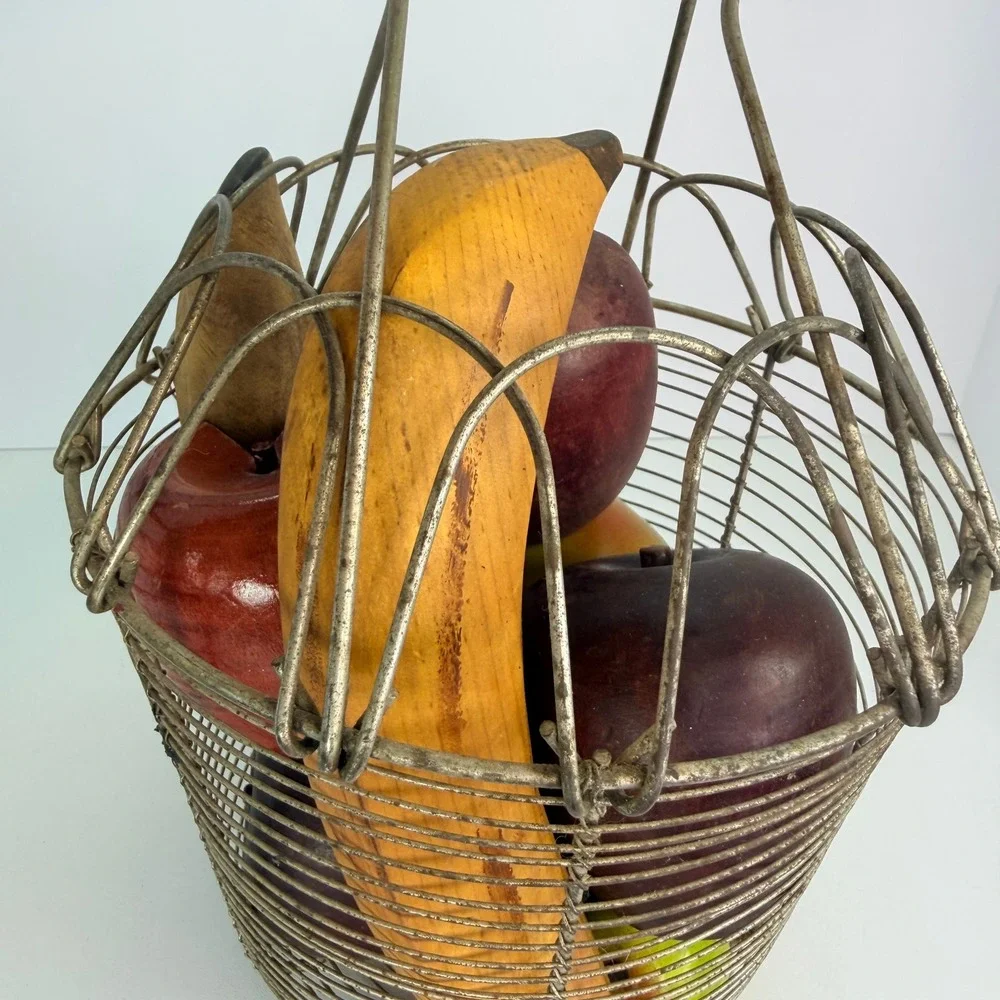 French egg wire basket with wooden fruits vintage primitive‎ decor fruit basket